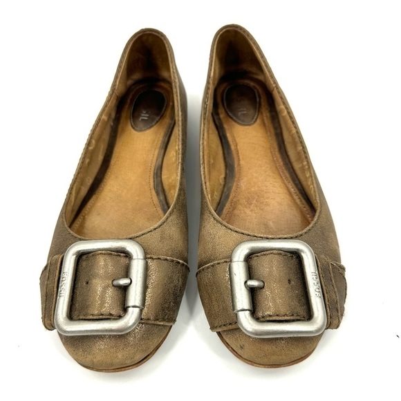 Fossil Maddox Leather Signature Ballet Flats Size 6.5 Metallic Big Buckle Shoes - Picture 1 of 8